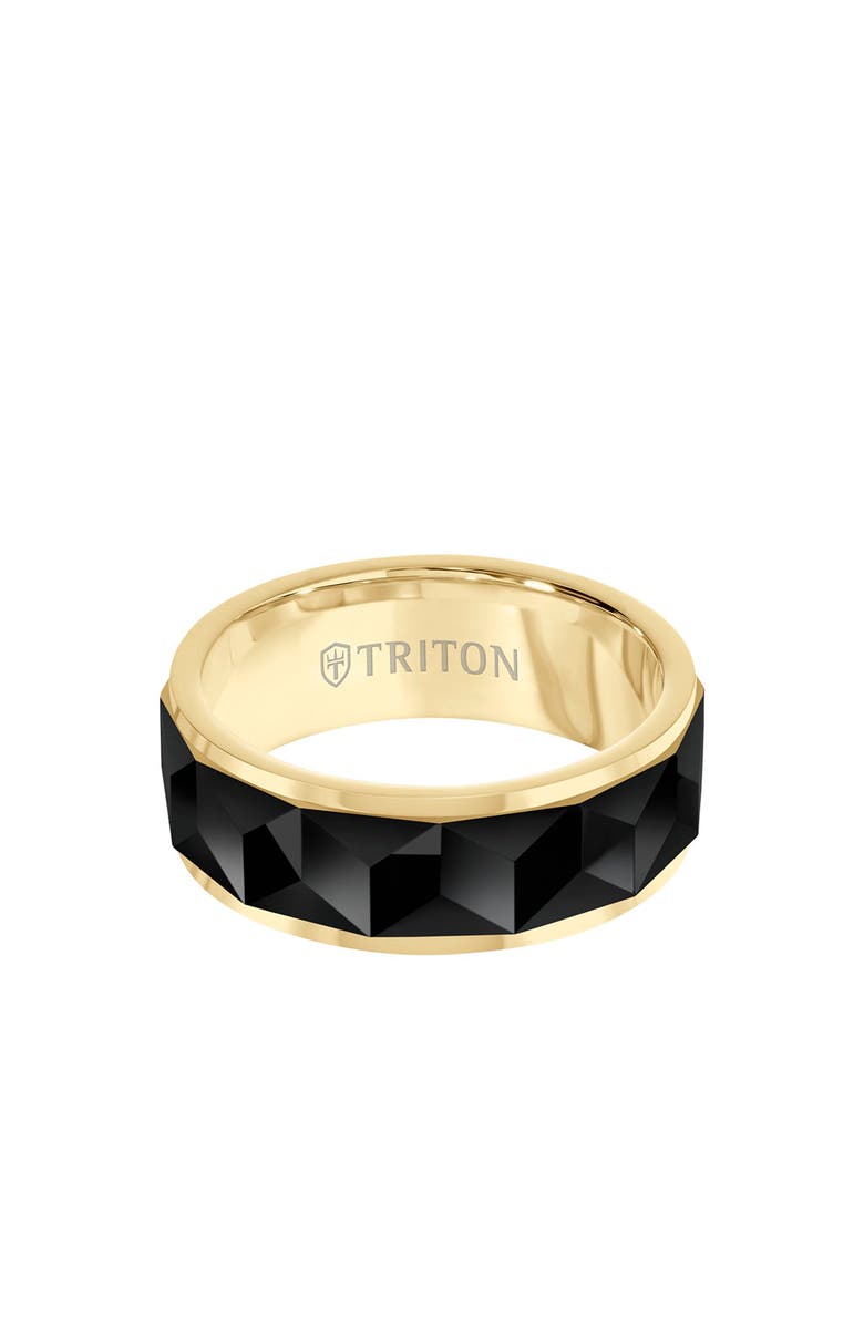 Triton 8MM Tungsten Carbide Ring with Faceted Chevron Pattern and Bevel Edge, Alternate, color, 