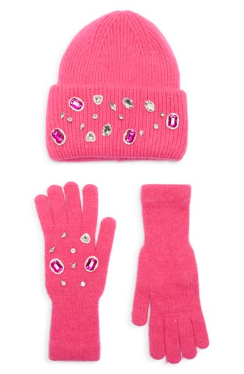 La Fiorentina Rhinestone Beanie & Gloves Set In Pink