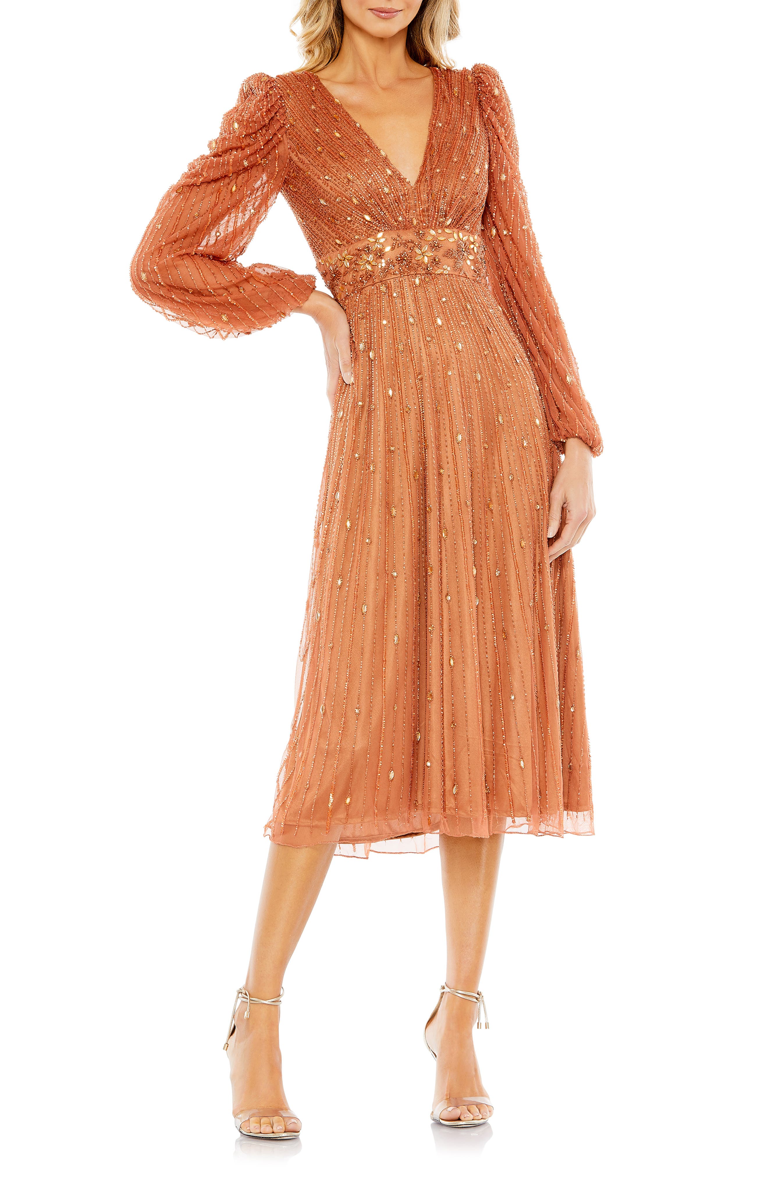 Mac Duggal Bead & Sequin Long Sleeve A-Line Dress (Women) | Nordstrom