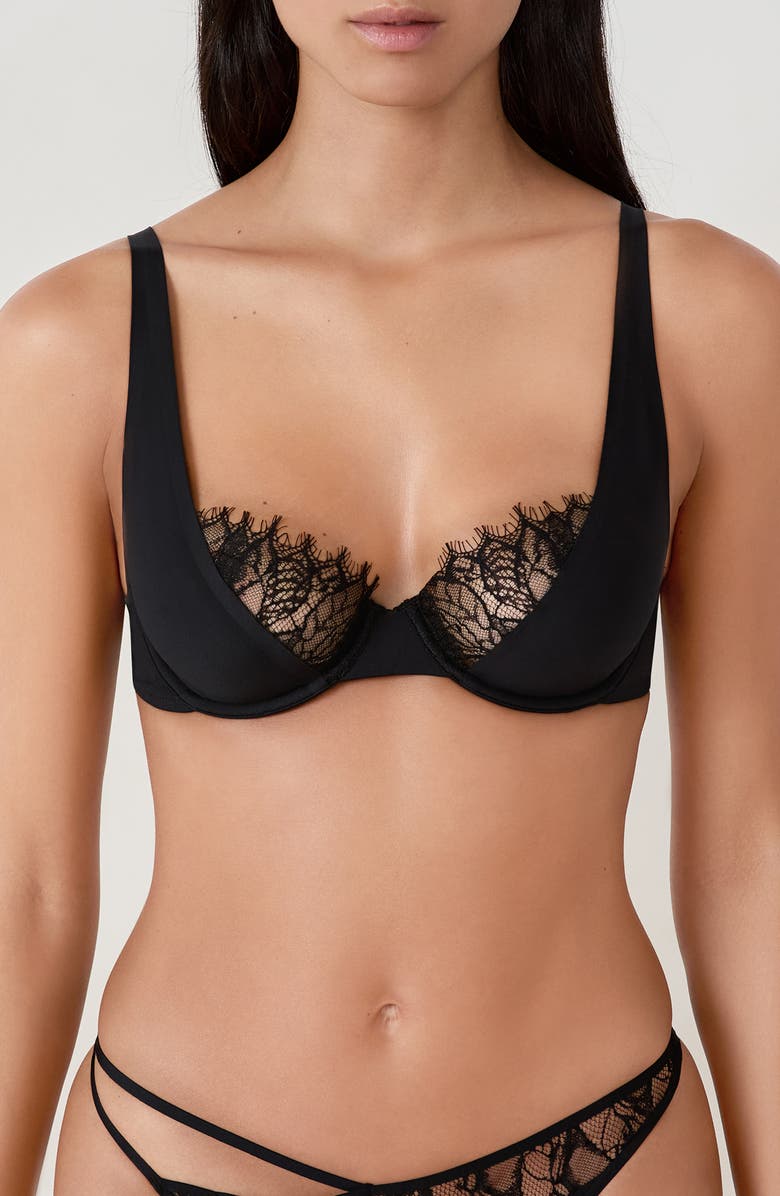 Etam Mysterieuse Classique Lace Trim Underwire Bra, Main, color, Black