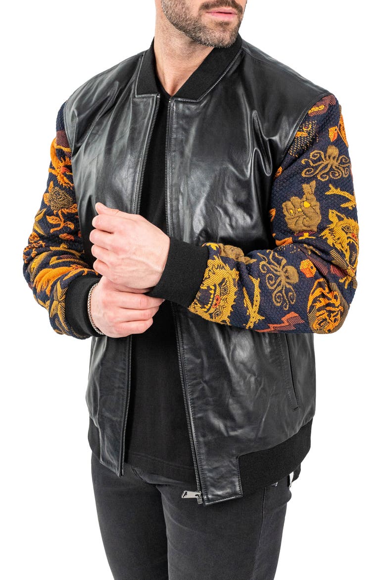 Skull Sleeve Leather Bomber Jacket, Alternate, color, BLACK