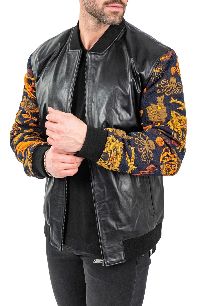 Maceoo Skull Sleeve Leather Bomber Jacket, Alternate, color, Black
