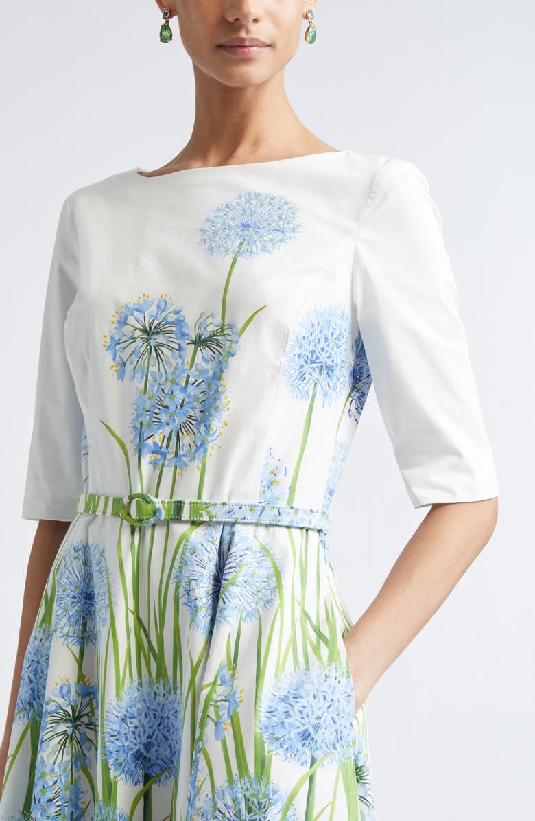Oscar de la Renta Allium Cotton Stretch Poplin Belted Dress, Alternate, color, Blue/ White
