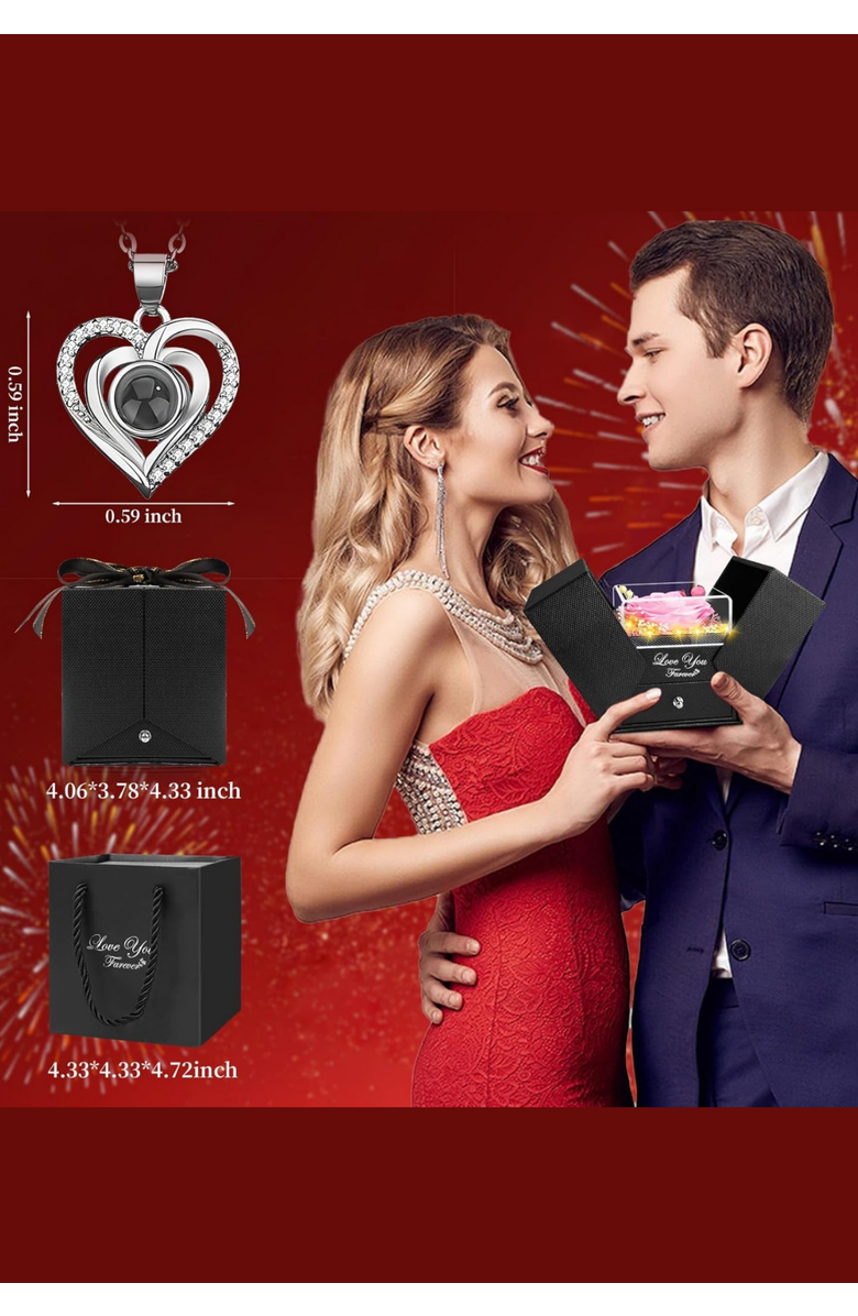Lovery Preserved Pink Rose with Led Lights & Double Heart Necklace, "I Love You" in 100 Languages, Alternate, color, Black, Pink