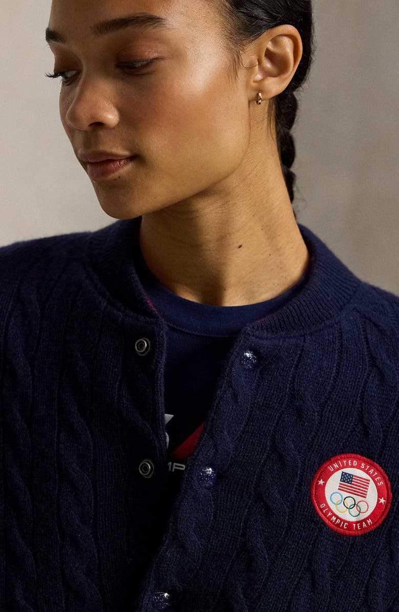 Polo Ralph Lauren Team USA Cable Stitch Wool & Cashmere Bomber Jacket, Alternate, color, Hunter Navy