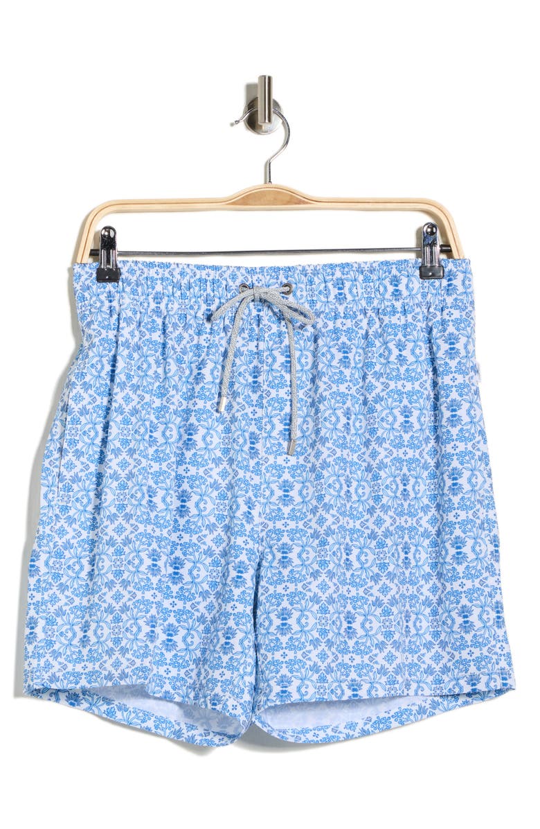 Vintage Summer Stretch Tile Volley Swim Shorts, Main, color, Blue