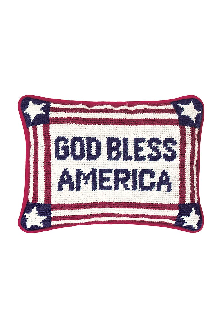 Patriotic "God Bless America" Needlepoint Mini Accent Pillow, 6.5" x 9", Main, color, Blue