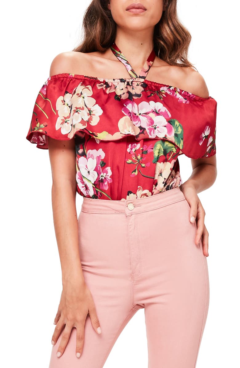 Missguided Ruffle Off the Shoulder Bodysuit, Main, color, Red