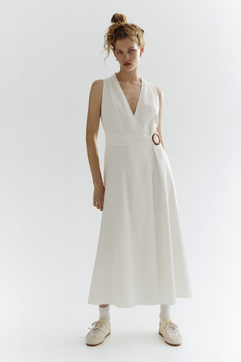 Linen-blend Wrap Dress, Alternate, color, Cream
