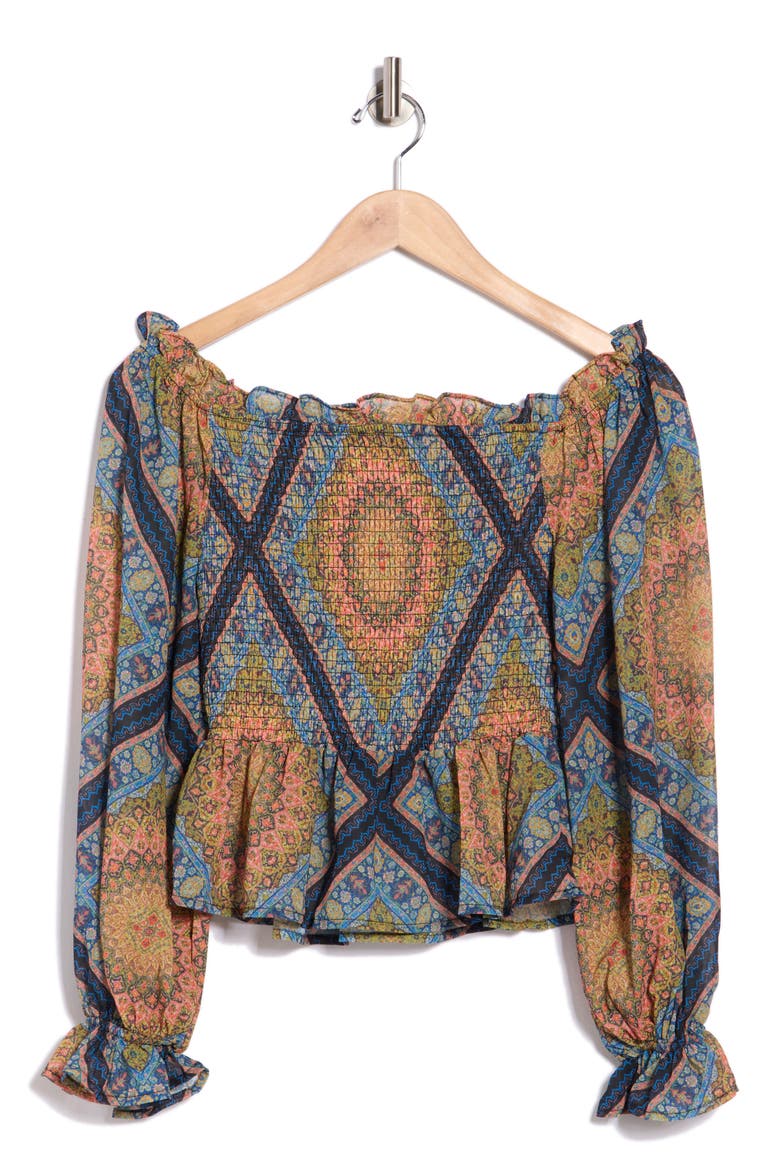 Off-the-Shoulder Print Top, Alternate, color, BLACK/ BLUE MULTI