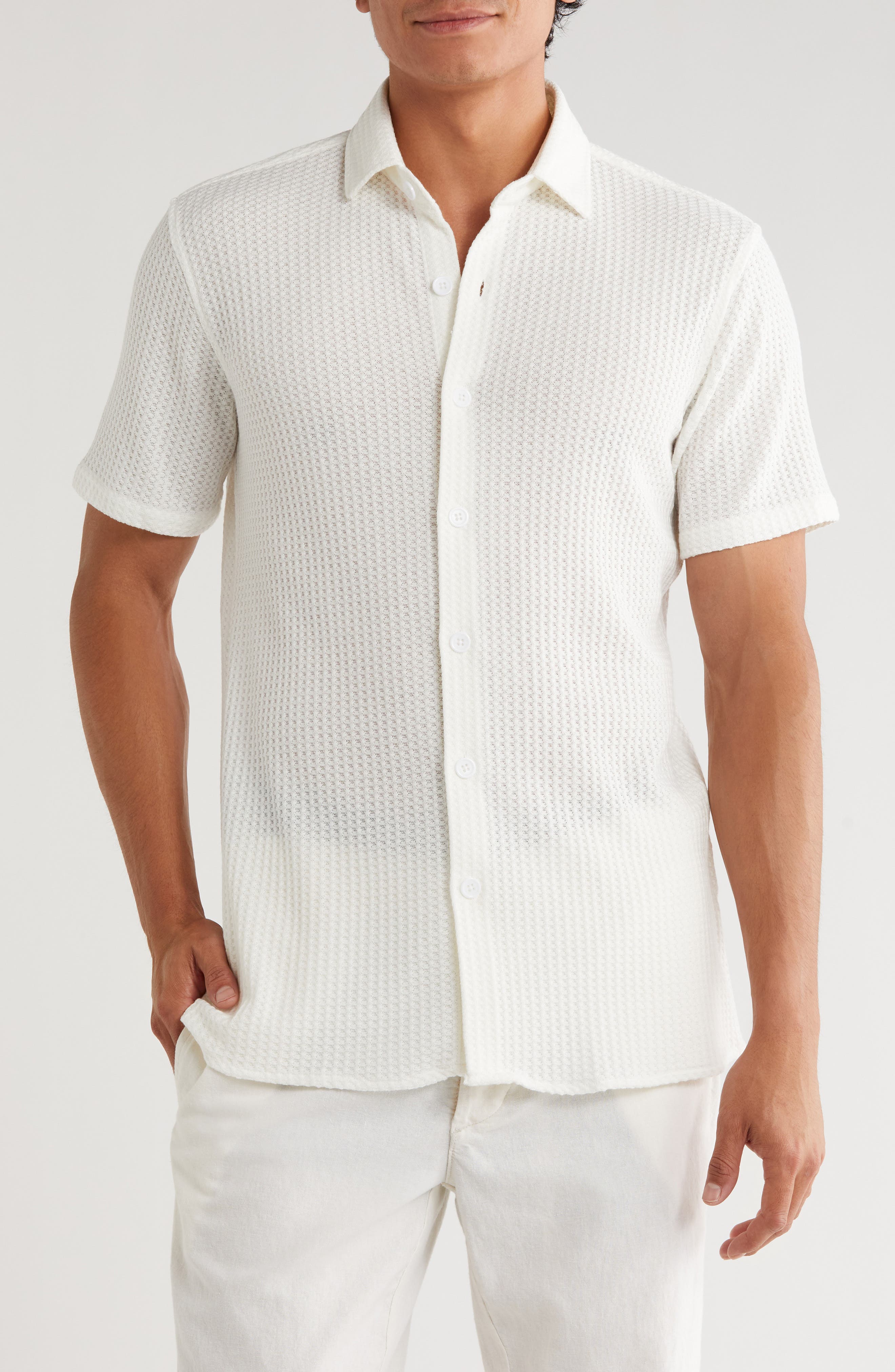 T.R. PREMIUM Waffle Knit Short Sleeve Button-Up Shirt