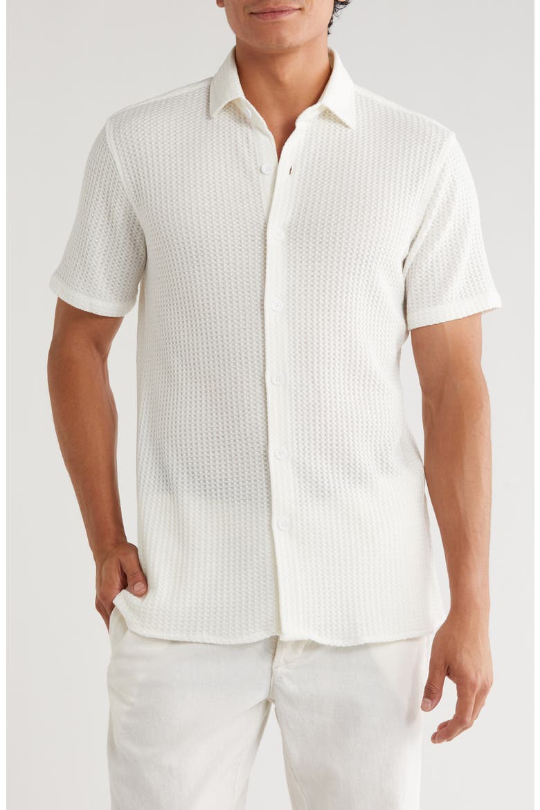 Waffle Knit Short Sleeve Button-Up Shirt, Main, color, WHITE