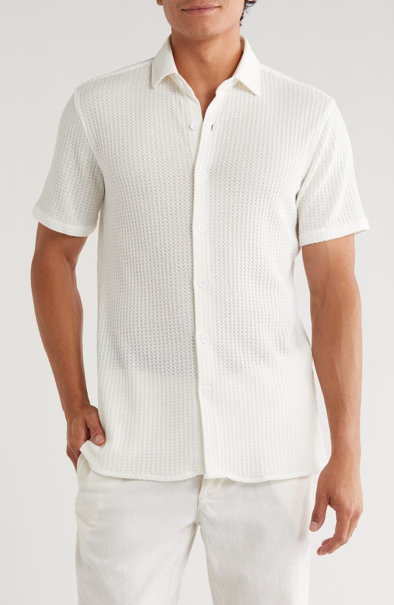 T.R. PREMIUM Waffle Knit Short Sleeve Button-Up Shirt, Main, color, White