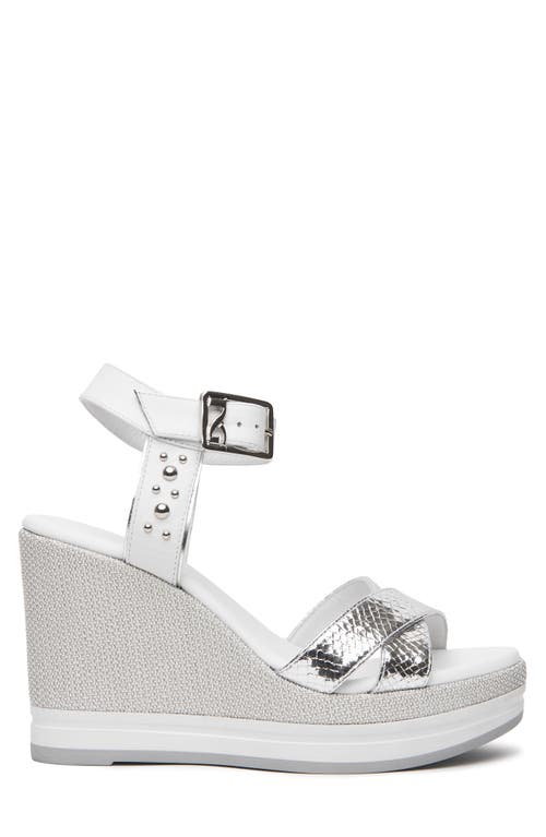 Nerogiardini Metallic Platform Wedge Sandal In White/silver