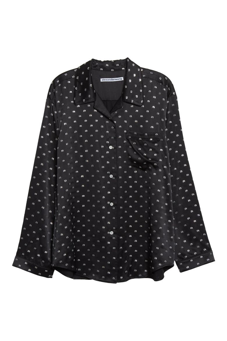 Crytal Logo Silk Pajama Shirt, Alternate, color, BLACK
