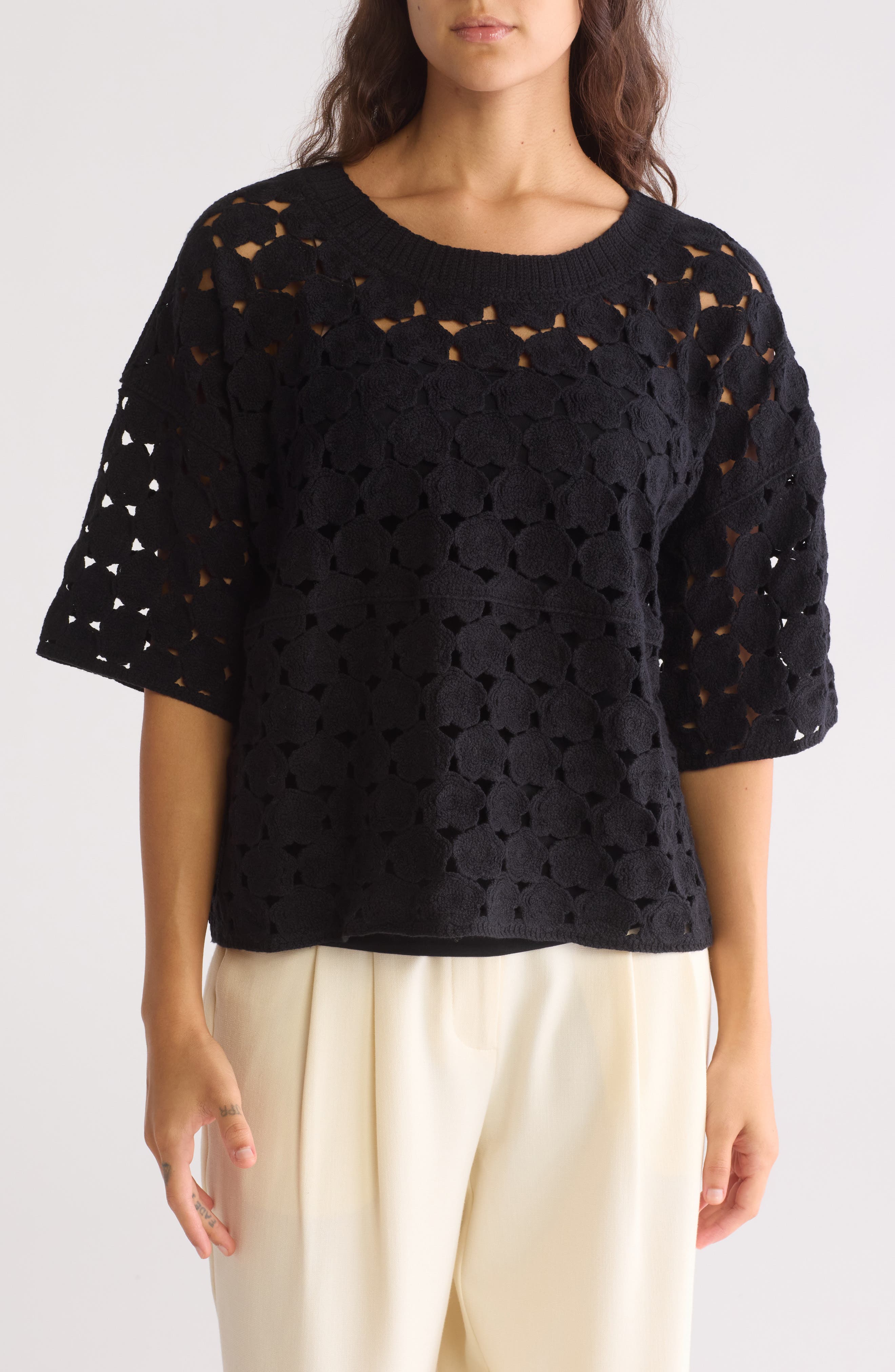 Bobeau Floral Crochet Short Sleeve Top