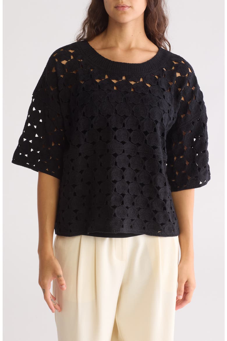 Floral Crochet Short Sleeve Top, Main, color, BLACK