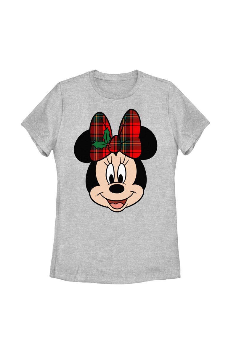 Mickey & Friends Women's Mickey & Friends Christmas Minnie Mouse Holly Plaid Bow  Graphic T-Shirt, Main, color, Athletic Heather