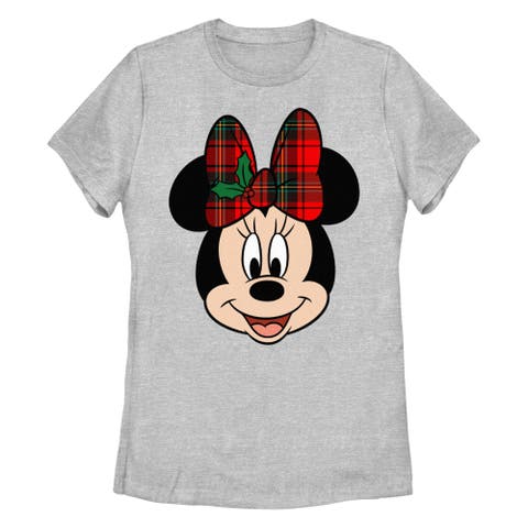 Women's Mickey & Friends Christmas Minnie Mouse Holly Plaid Bow  Graphic T-Shirt