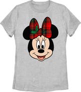 Mickey & Friends Women's Mickey & Friends Christmas Minnie Mouse Holly Plaid Bow  Graphic T-Shirt