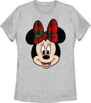 Mickey & Friends Women's Mickey & Friends Christmas Minnie Mouse Holly Plaid Bow  Graphic T-Shirt