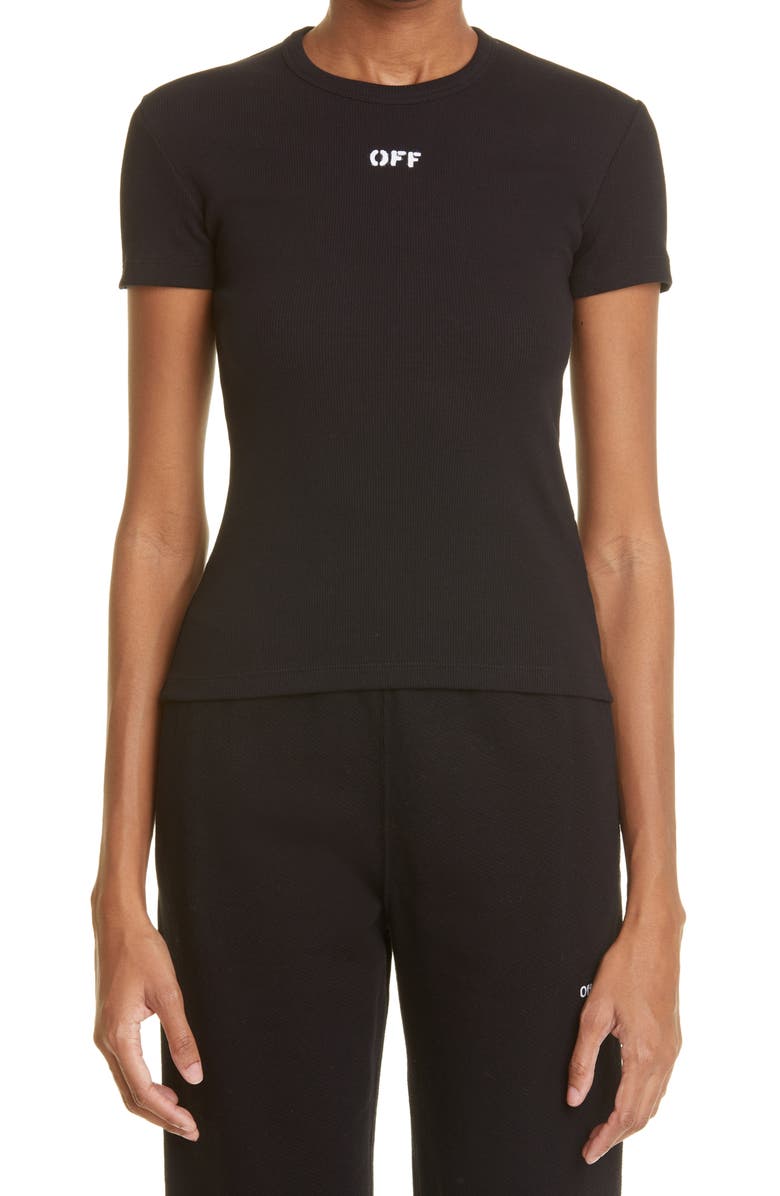 Off-White Logo Stamp Rib Stretch Organic Cotton T-Shirt, Main, color, 