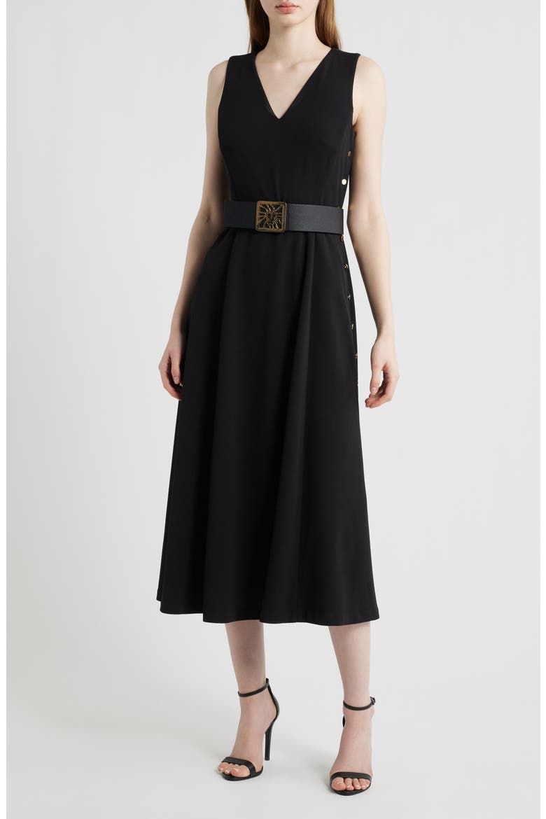 Side Button Cool Crepe Midi Dress, Main, color, ANNE BLACK