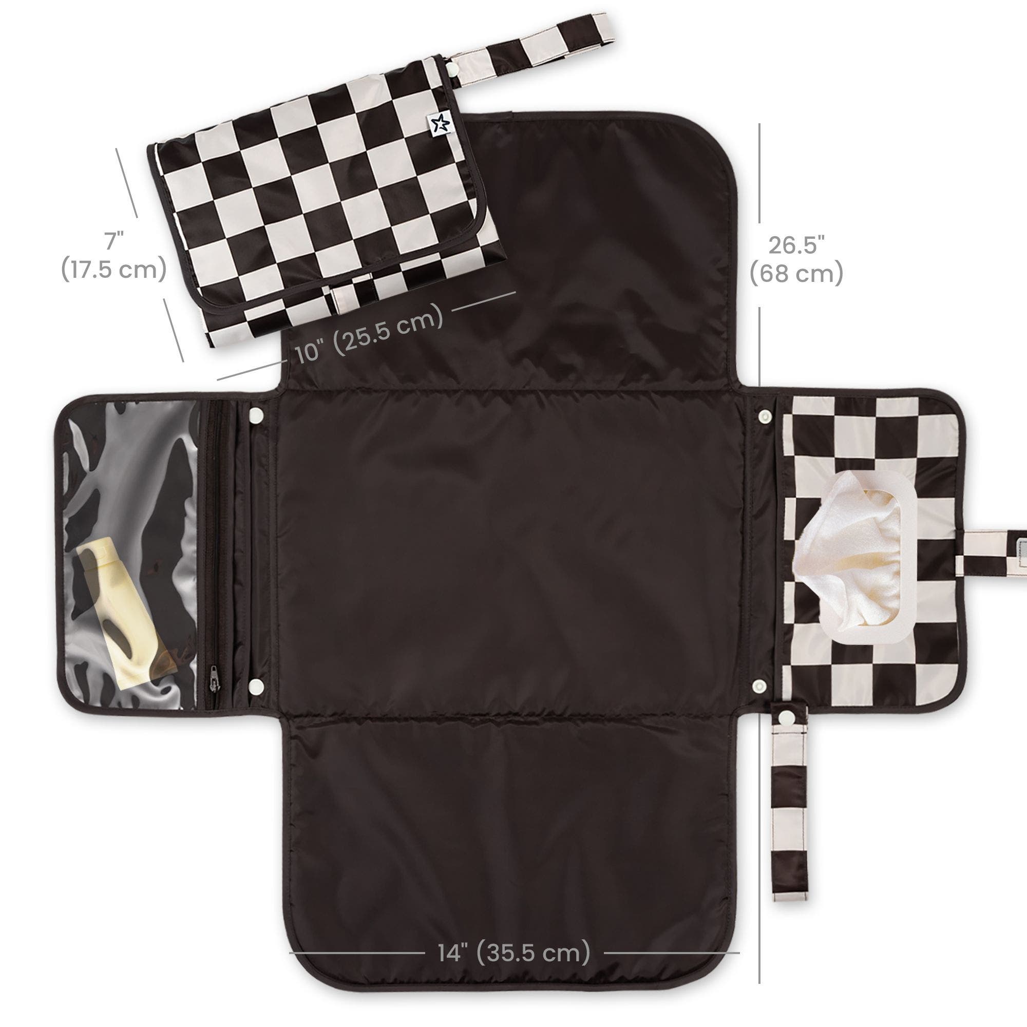 Tiny Twinkle Portable/Foldable Waterproof Diaper Changing Pad with Smart Wipes Pocket, Alternate, color, Black Checkers