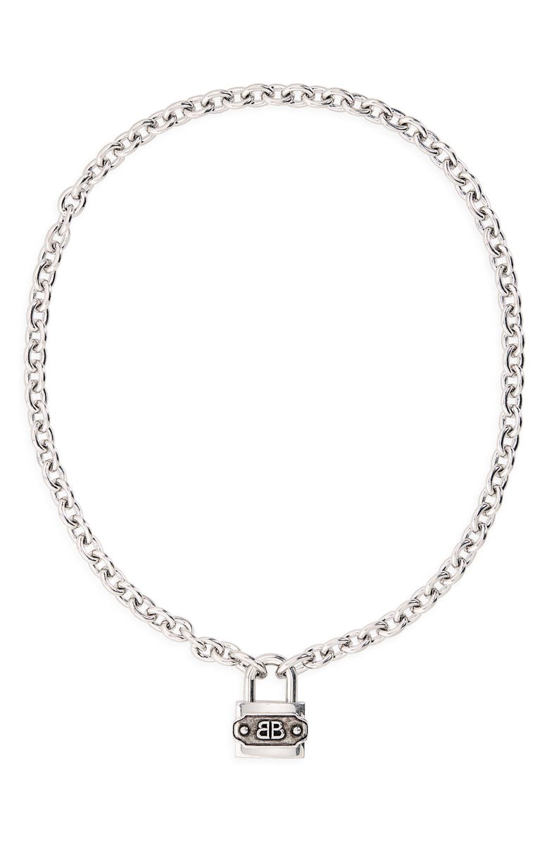 Balenciaga BB Padlock Necklace, Main, color, Silver/ Antique Silver