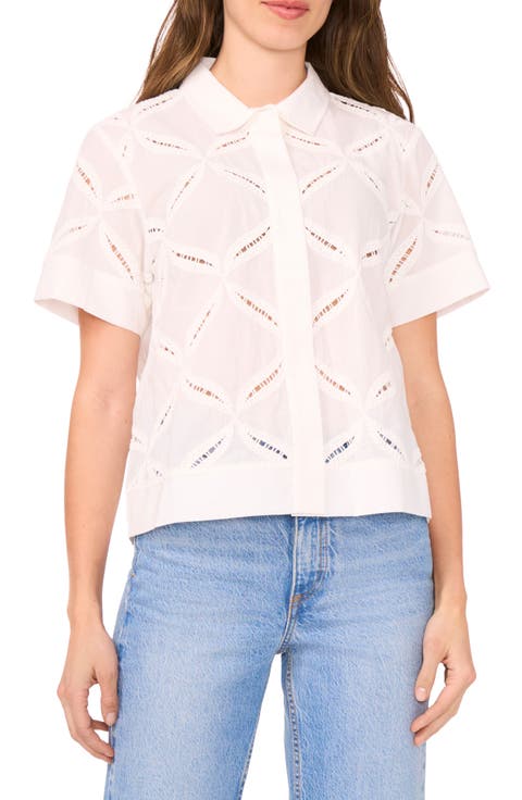 Ladder Stitch Accent Cotton Button-Up Shirt