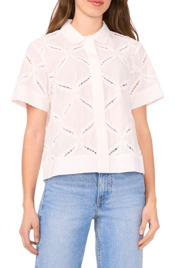Halogen ® Ladder Stitch Accent Cotton Button-up Shirt In White