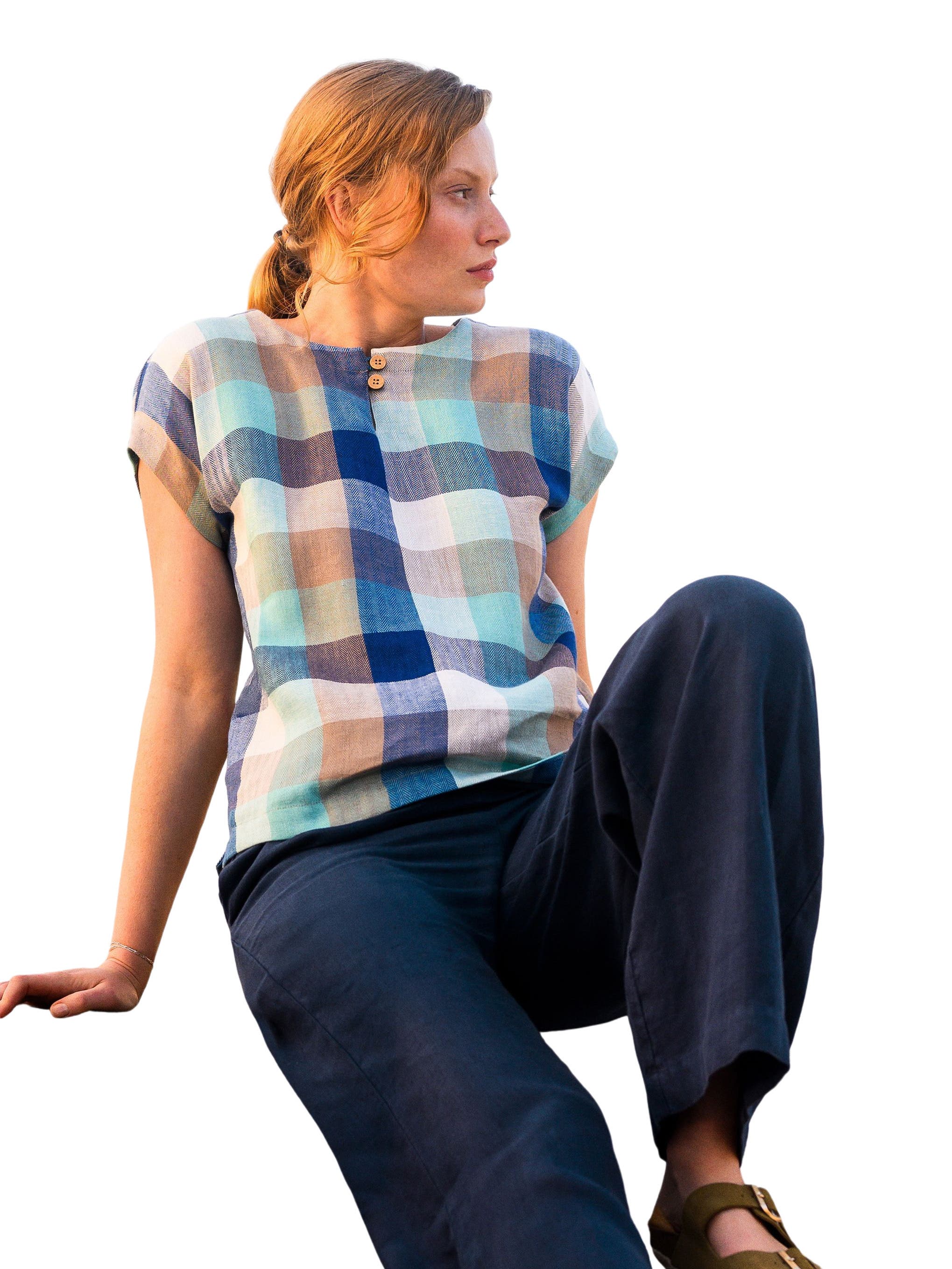 Button Detail Short Sleeve Linen Blouse