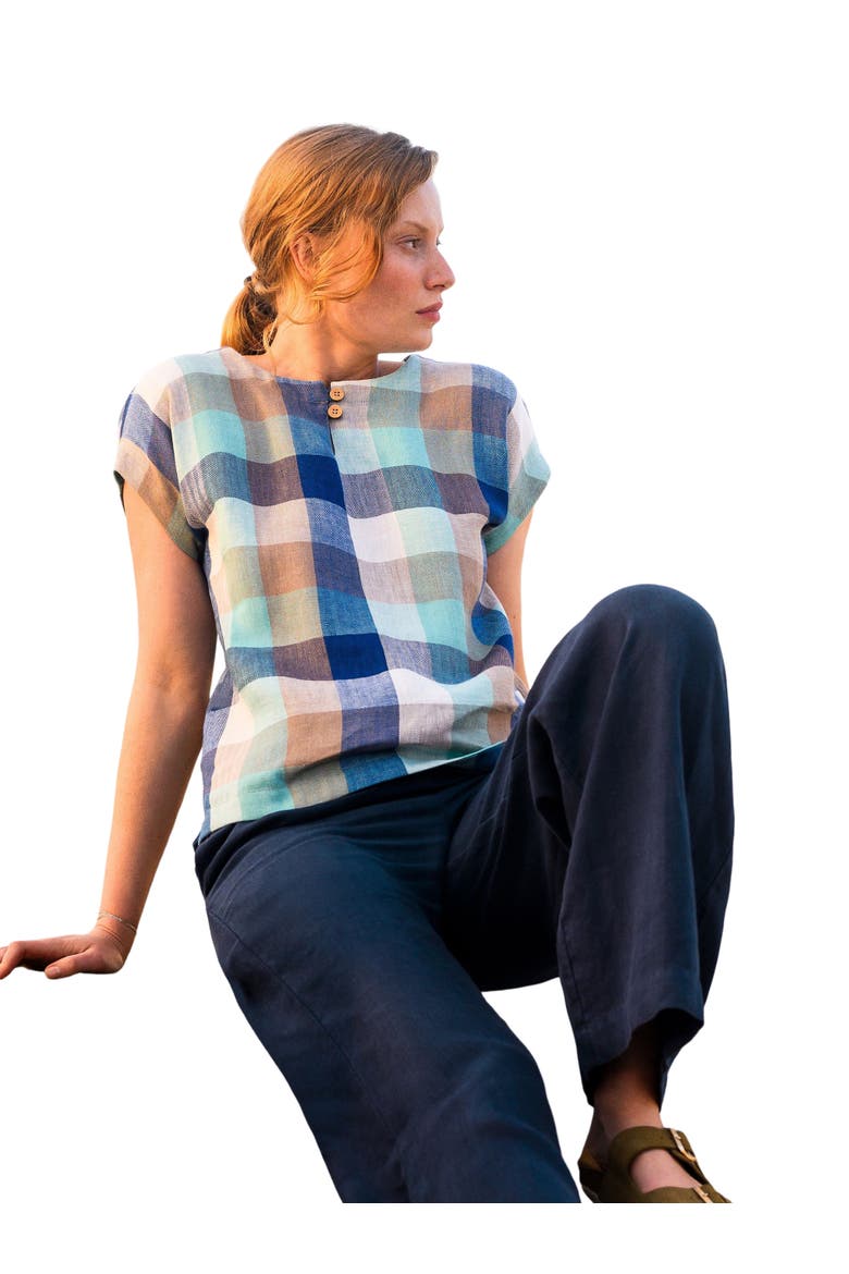 Button Detail Short Sleeve Linen Blouse, Main, color, SEA GLASS CHECK