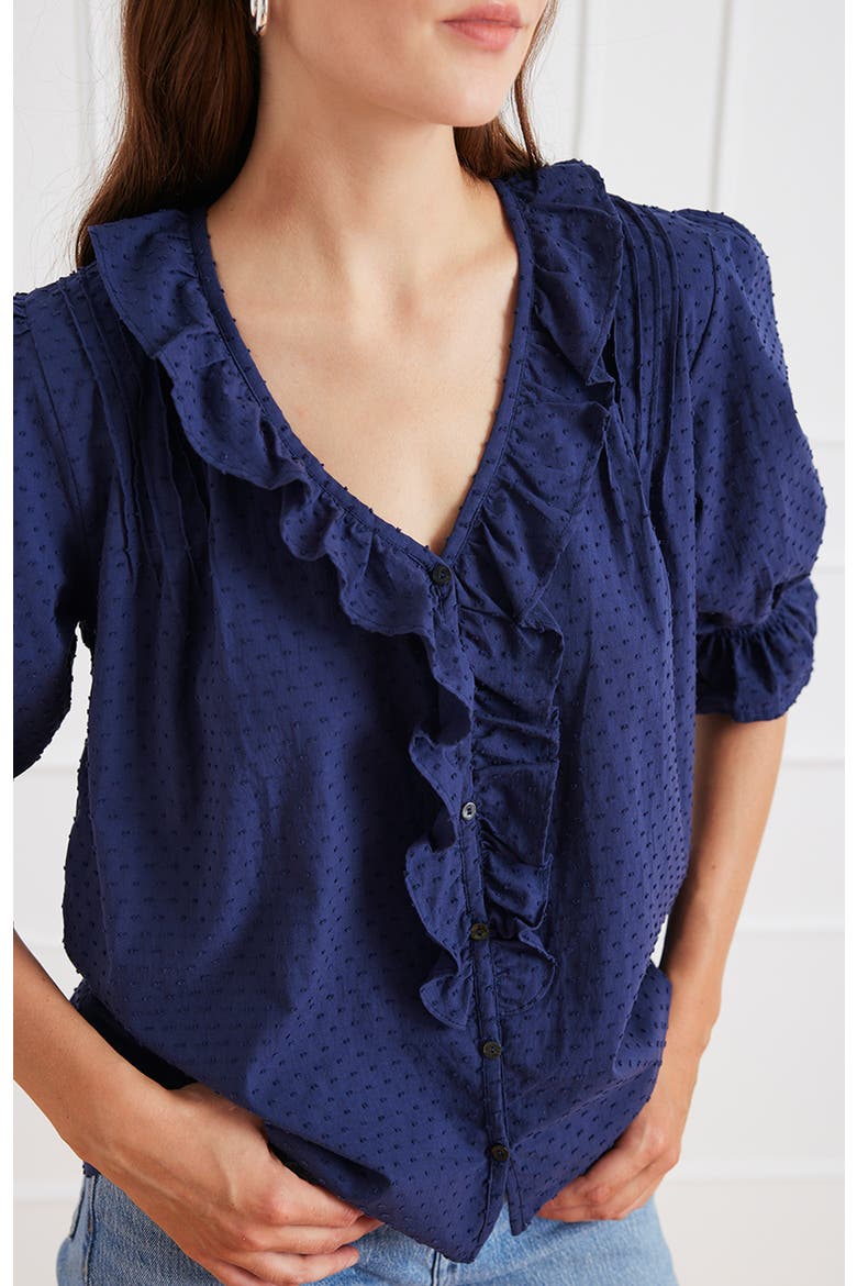 Chloe Swiss Dot Ruffle Shirt, Alternate, color, Navy