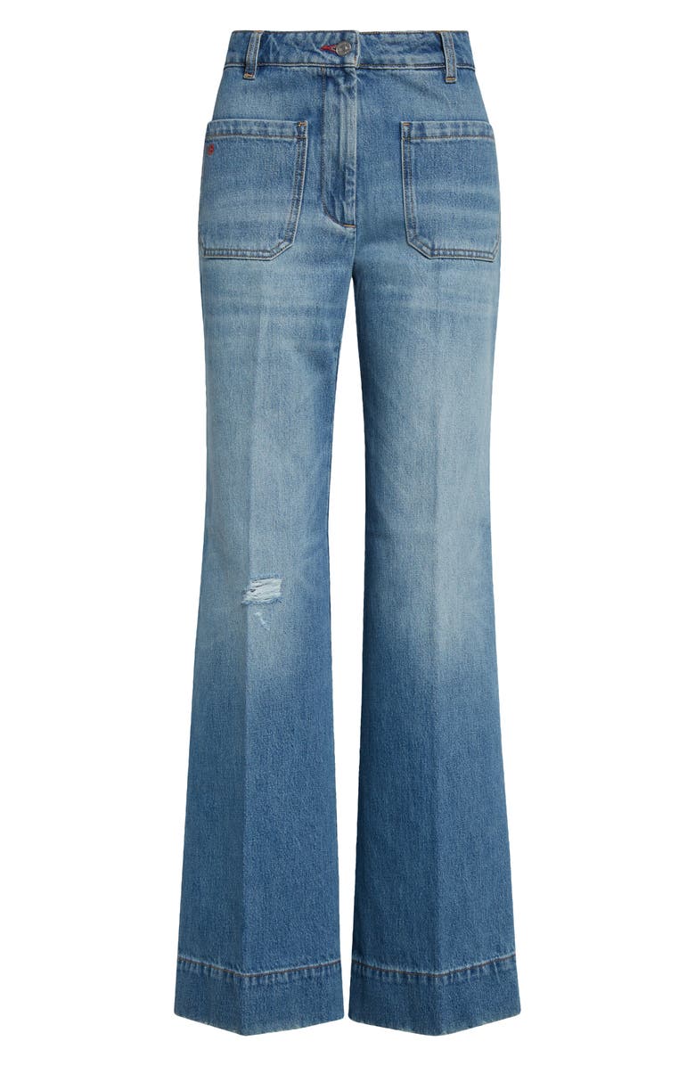 Victoria Beckham Alina High Waist Distressed Flare Jeans, Alternate, color, Worn Blue Wash