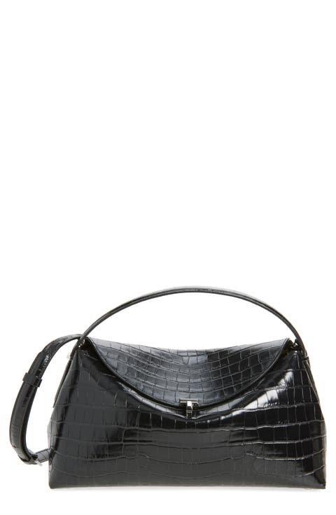 T-Lock Croc Embossed Leather Top Handle Bag