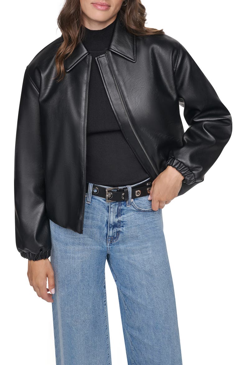 Faux Leather Bomber Jacket, Alternate, color, BLACK