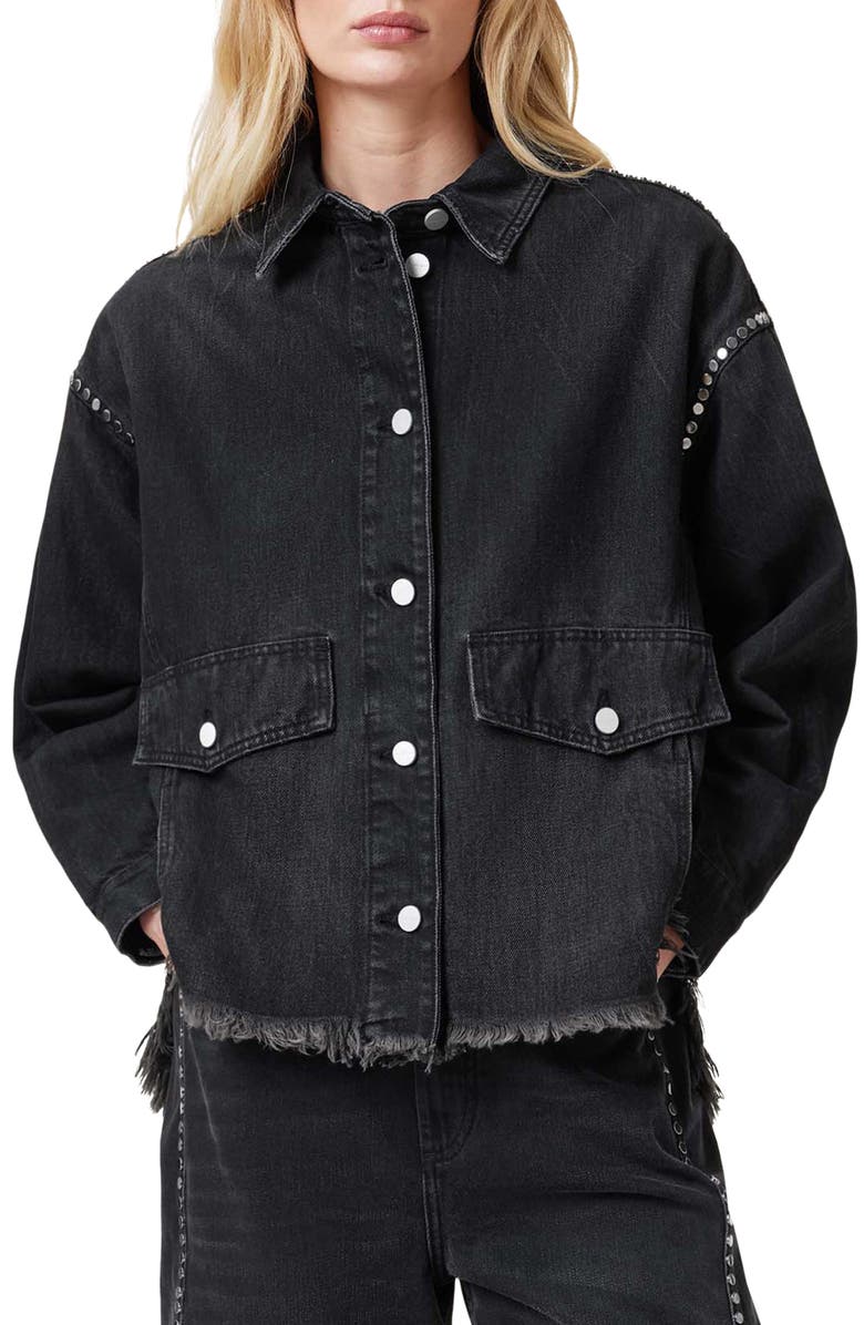 AllSaints Hettie Studded Raw Hem Denim Shacket, Main, color,