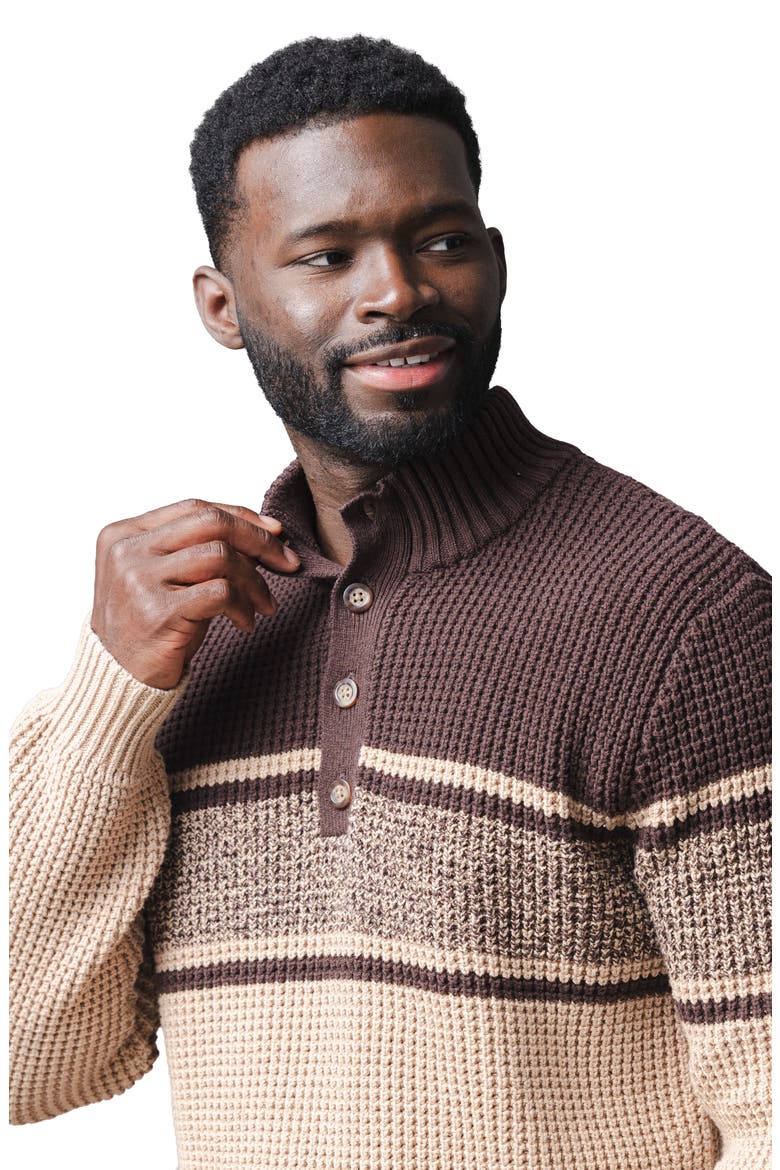 Organic Mock Neck Waffle Sweater, Alternate, color, Camel and Chocolate Stripe