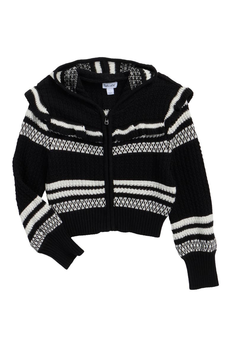Kids' Ruffle Striped Hooded Cardigan, Main, color, JET STREAM/ BLACK