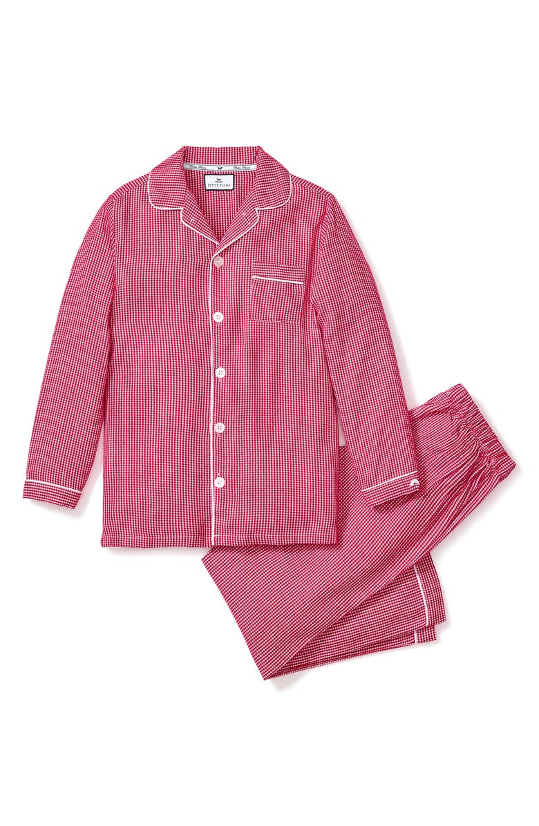 Petite Plume Mini Gingham Fitted Cotton Blend Pajamas, Main, color, Red