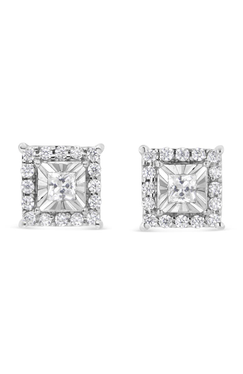 Haus of Brilliance Silver 1/4 Ct Princess and Round Diamond Halo Stud Earrings, Main, color, White