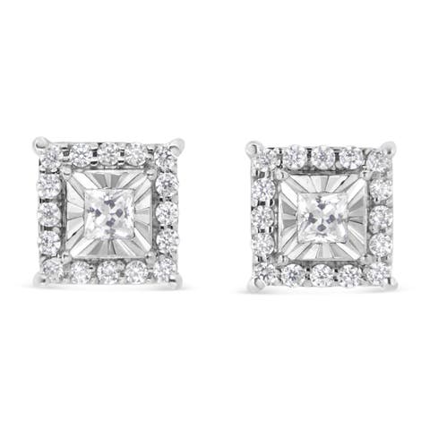 Silver 1/4 Ct Princess and Round Diamond Halo Stud Earrings