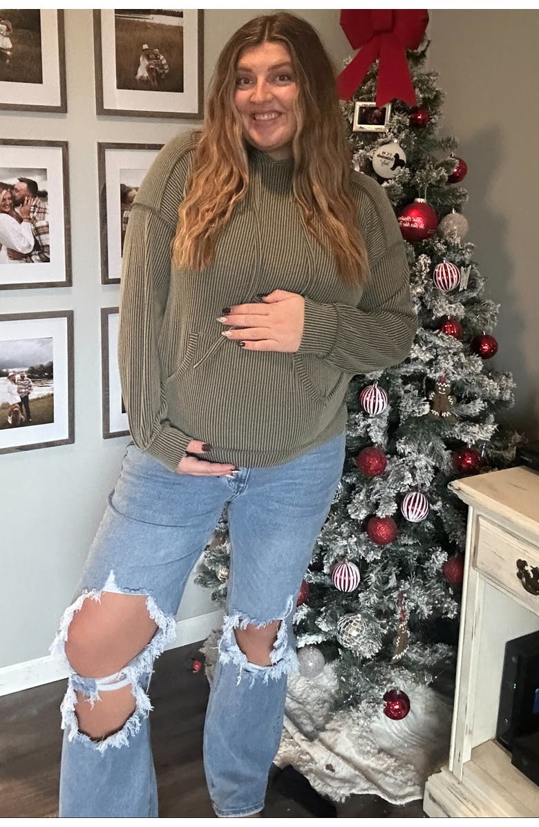 PinkBlush Ribbed Front Pocket Drawstring Hoodie, Alternate, color, Olive Green