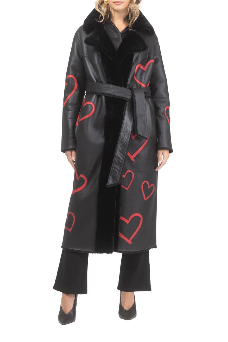 Reversible Genuine Shearling Coat with Heart Intarsia, Belt, Alternate, color, Black/Red