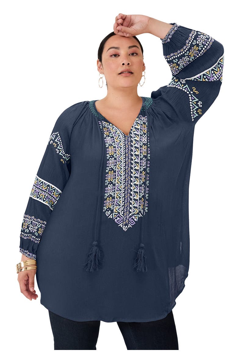 Embroidered Peasant Blouse, Main, color, NAVY BOHO EMBROIDERY