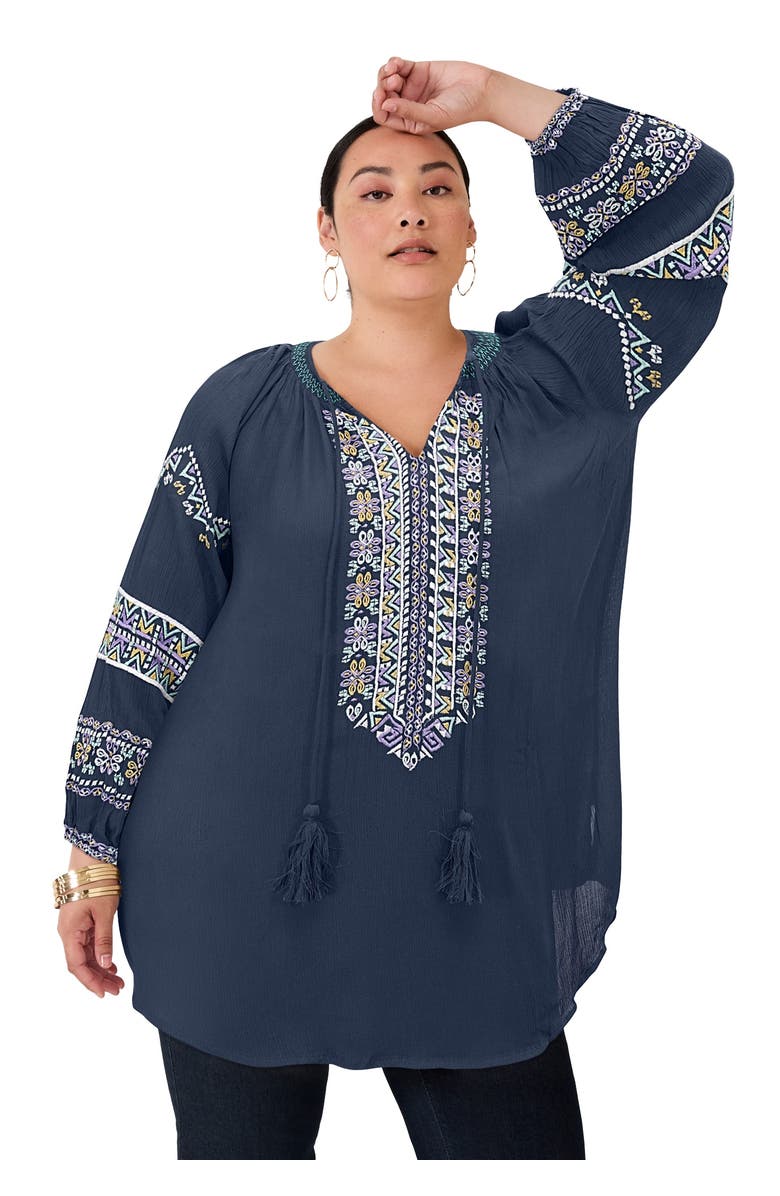 June + Vie Embroidered Peasant Blouse, Main, color, Navy Boho Embroidery