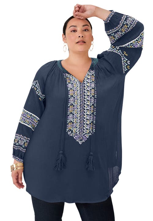 June + Vie Embroidered Peasant Blouse In Blue