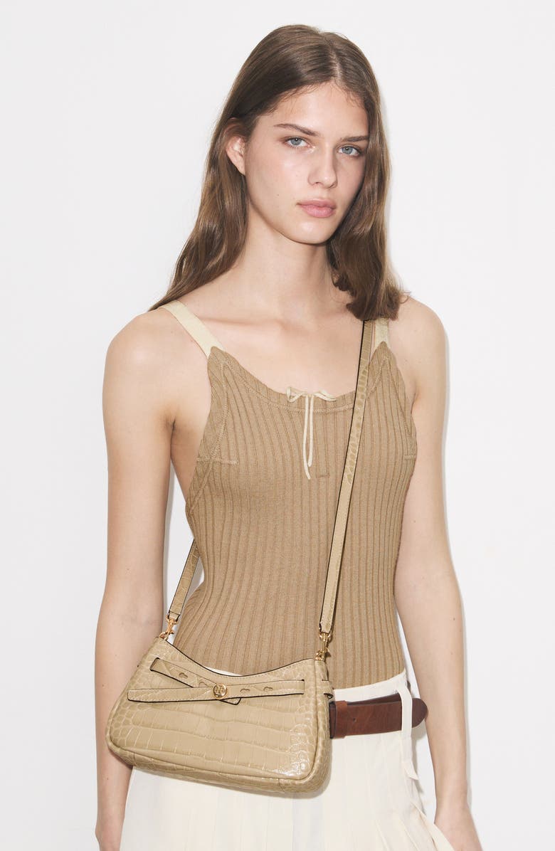 Tory Burch Romy Zip Top Croc Embossed Leather Crossbody Bag, Alternate, color, Ginger Leaf