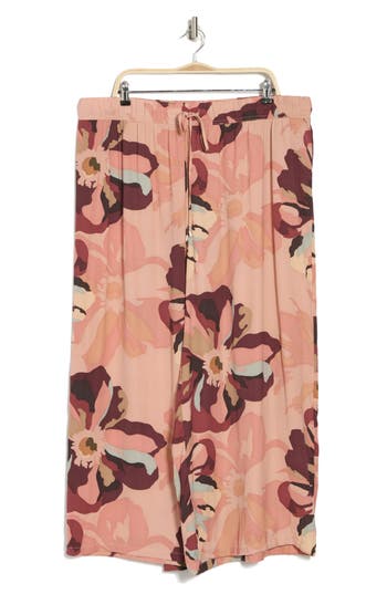 Adrianna Papell Print Wide Leg Drawstring Pants In Deep Burg Large Sunset Floral